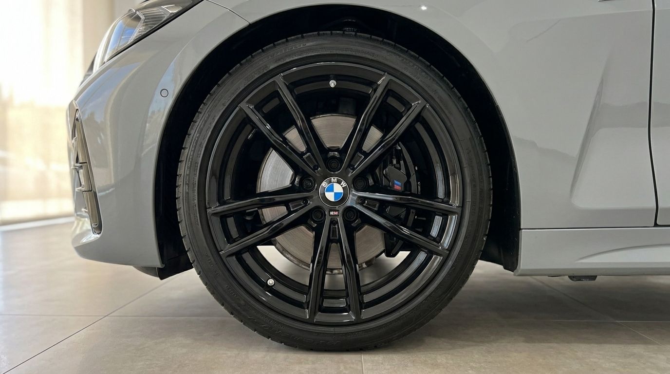 The BMW 420d Cabriolet's front wheel, featuring black multi-spoke rims and a brake caliper, in Marbella.