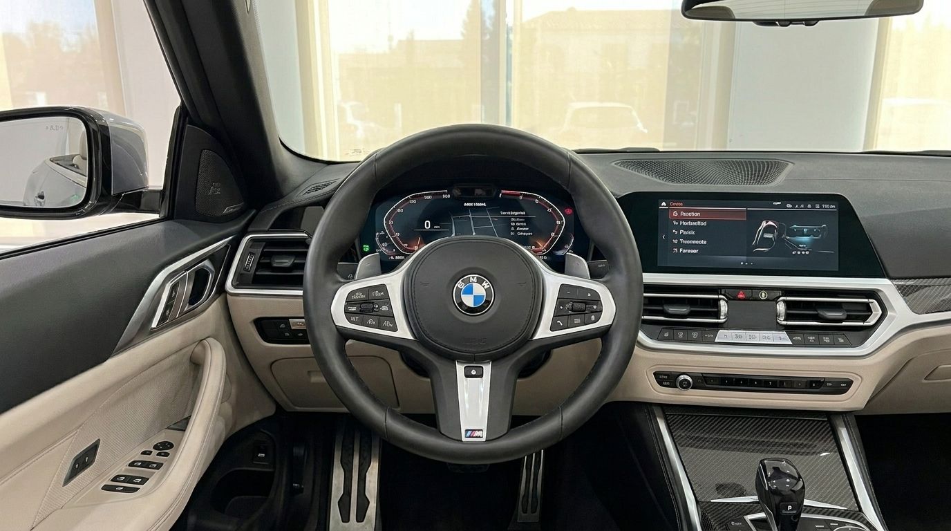 BMW 420d Cabriolet's luxurious cockpit in Marbella, featuring steering wheel, digital dash, and infotainment screen.
