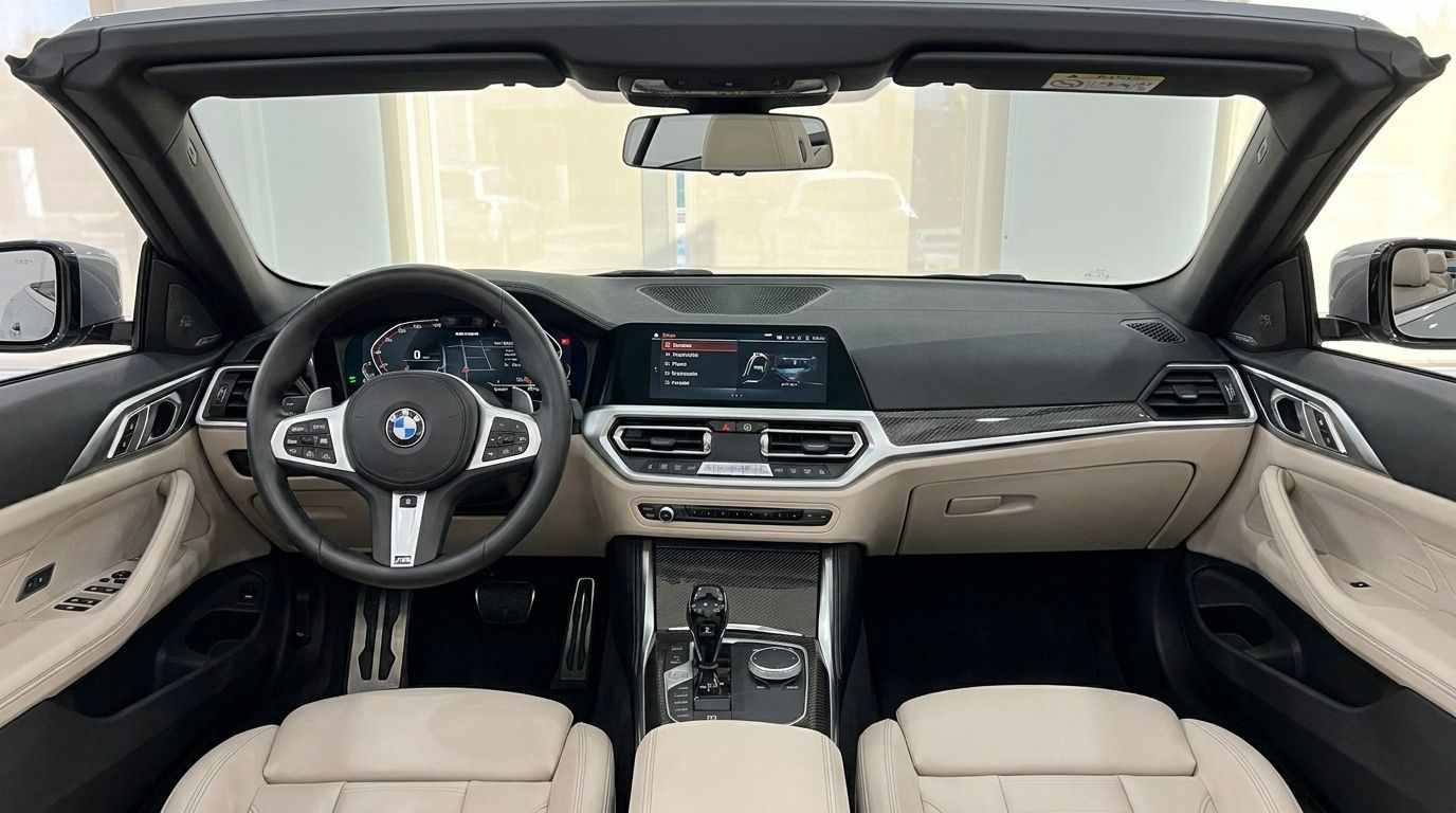The luxurious cockpit of the BMW 420d Cabriolet in Marbella, featuring a detailed dashboard, steering wheel, and light beige leather seats.