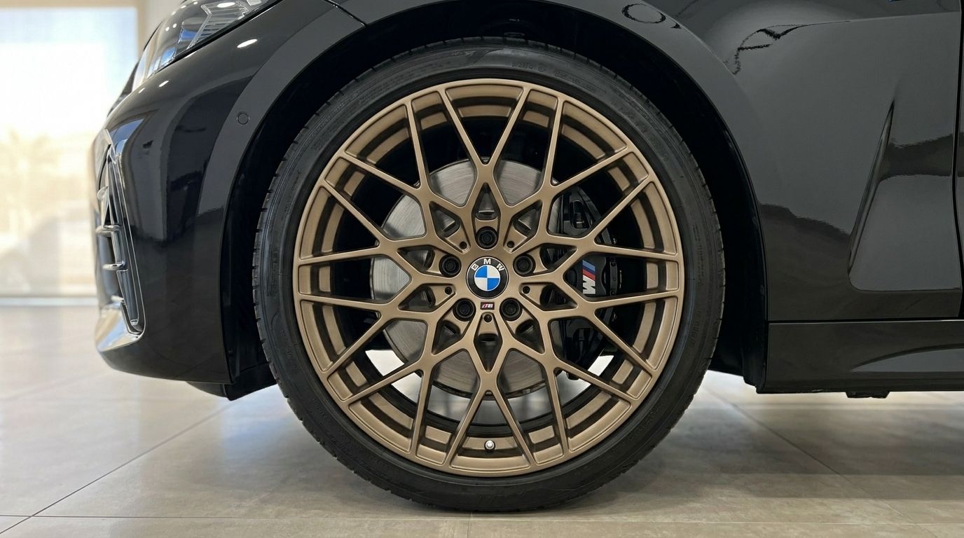The 2023 BMW 430i M Convertible in Benidorm features a striking bronze multi-spoke front wheel with an M Sport brake caliper.