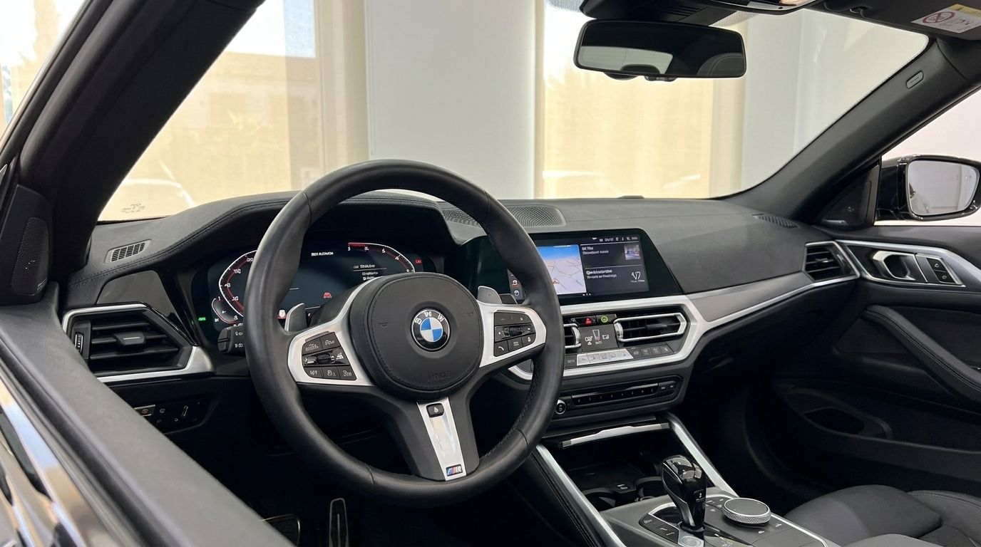 The luxurious interior of the 2023 BMW 430i M Convertible in Benidorm, showcasing the steering wheel and dashboard.