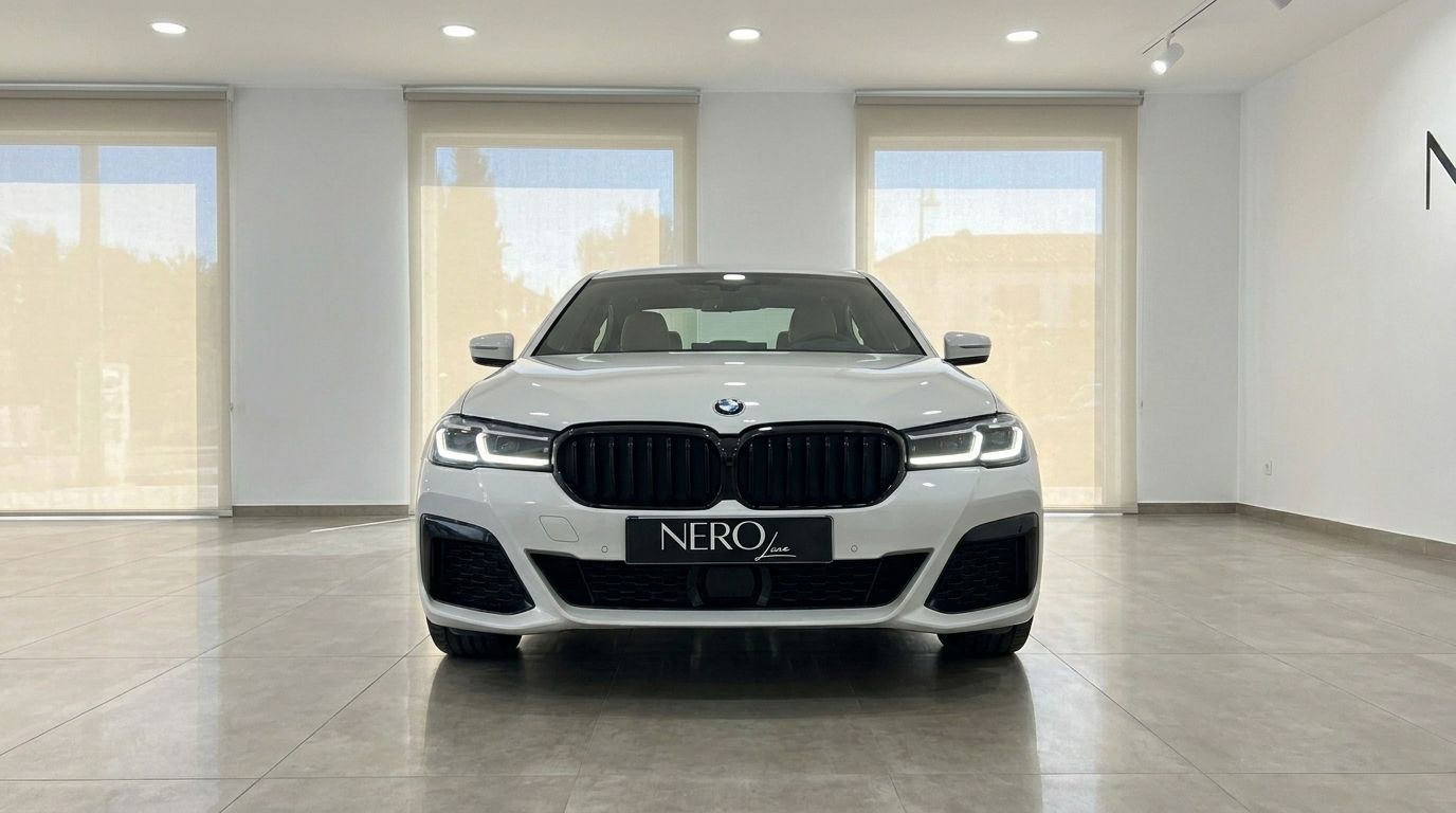 The white BMW 530e xDrive luxury sedan is shown from a direct front view, parked in a bright showroom in Alicante.