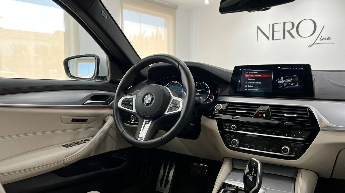 The luxurious interior of the BMW 530e xDrive in Alicante, featuring the steering wheel, dashboard, and infotainment screen.