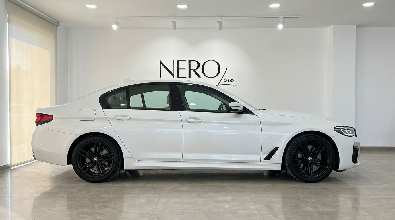 A white 2022 BMW 530e xDrive luxury sedan is shown from its side profile, parked in a bright showroom in Alicante.
