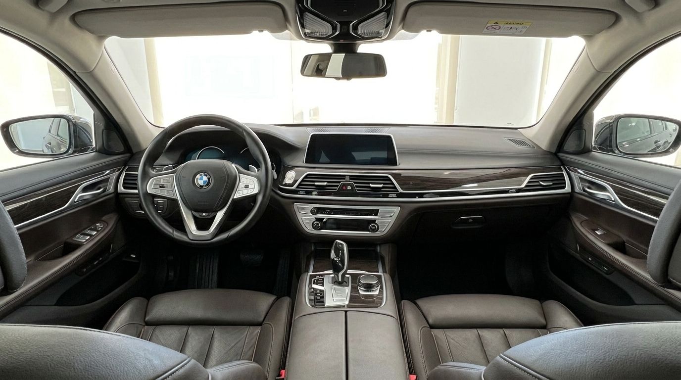 The luxurious interior of the BMW 730, featuring the cockpit, dashboard, and brown leather front seats in Alicante.