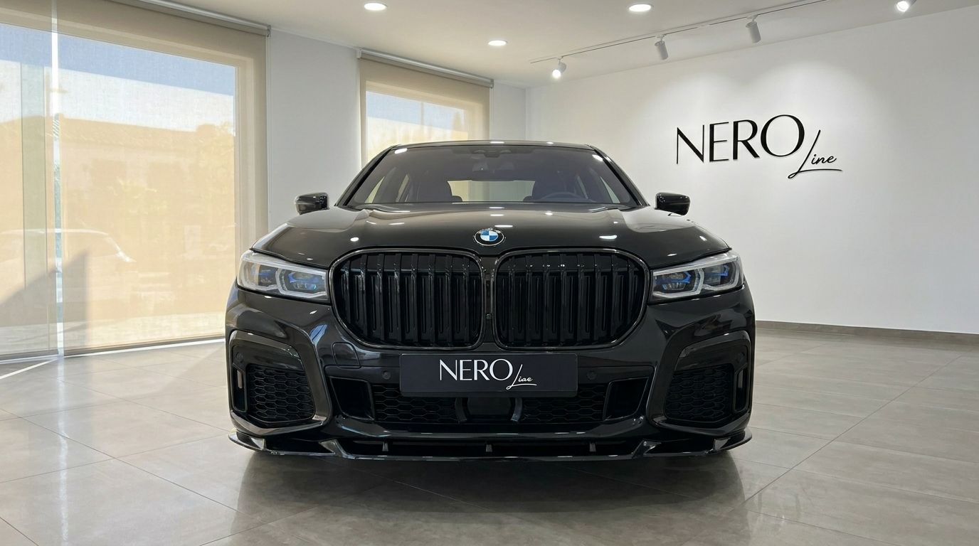 A black BMW 730 luxury sedan's aggressive front grille and headlights are prominently displayed in Alicante.