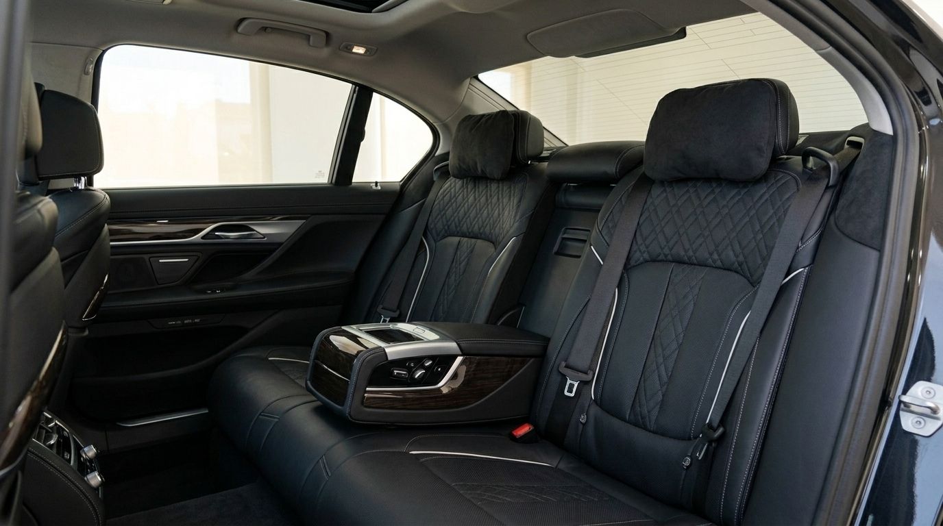 The luxurious rear interior of the BMW 730 in Alicante, featuring black leather seats with diamond stitching and a sophisticated center console.