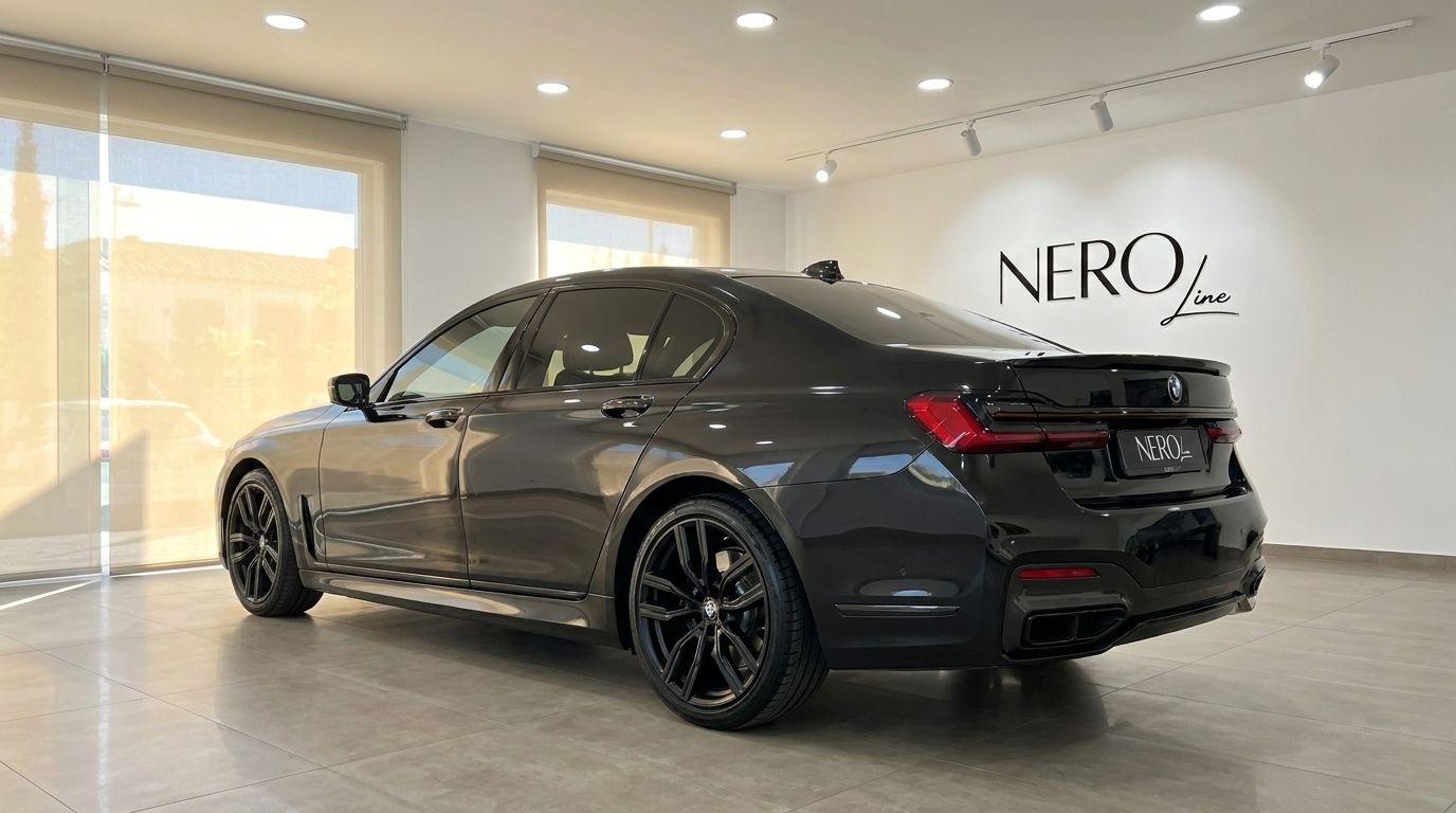 The sleek black BMW 730 luxury sedan is showcased from a rear three-quarter view inside a modern showroom in Alicante.