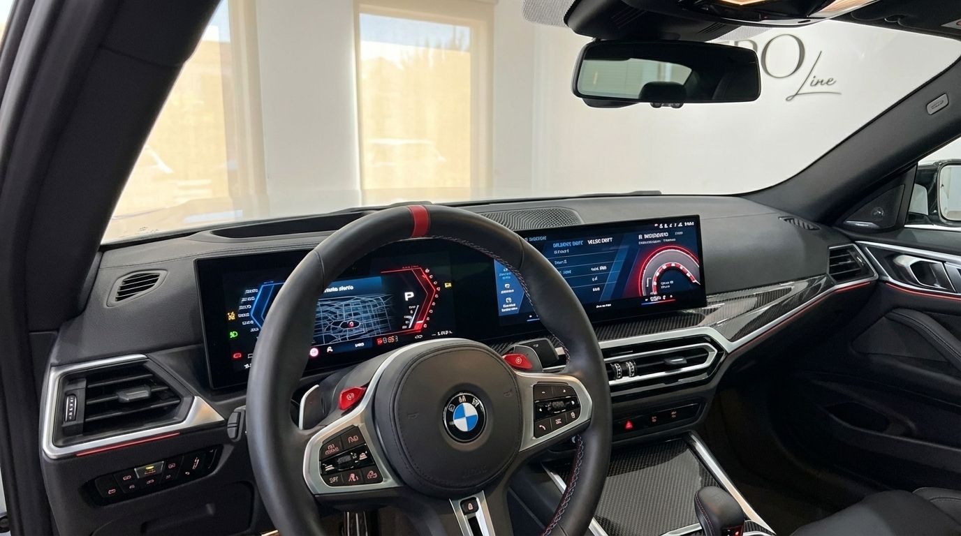 El lujoso interior del BMW M2 Competition 2025 en Madrid, mostrando su moderna cabina con pantallas digitales y volante deportivo.