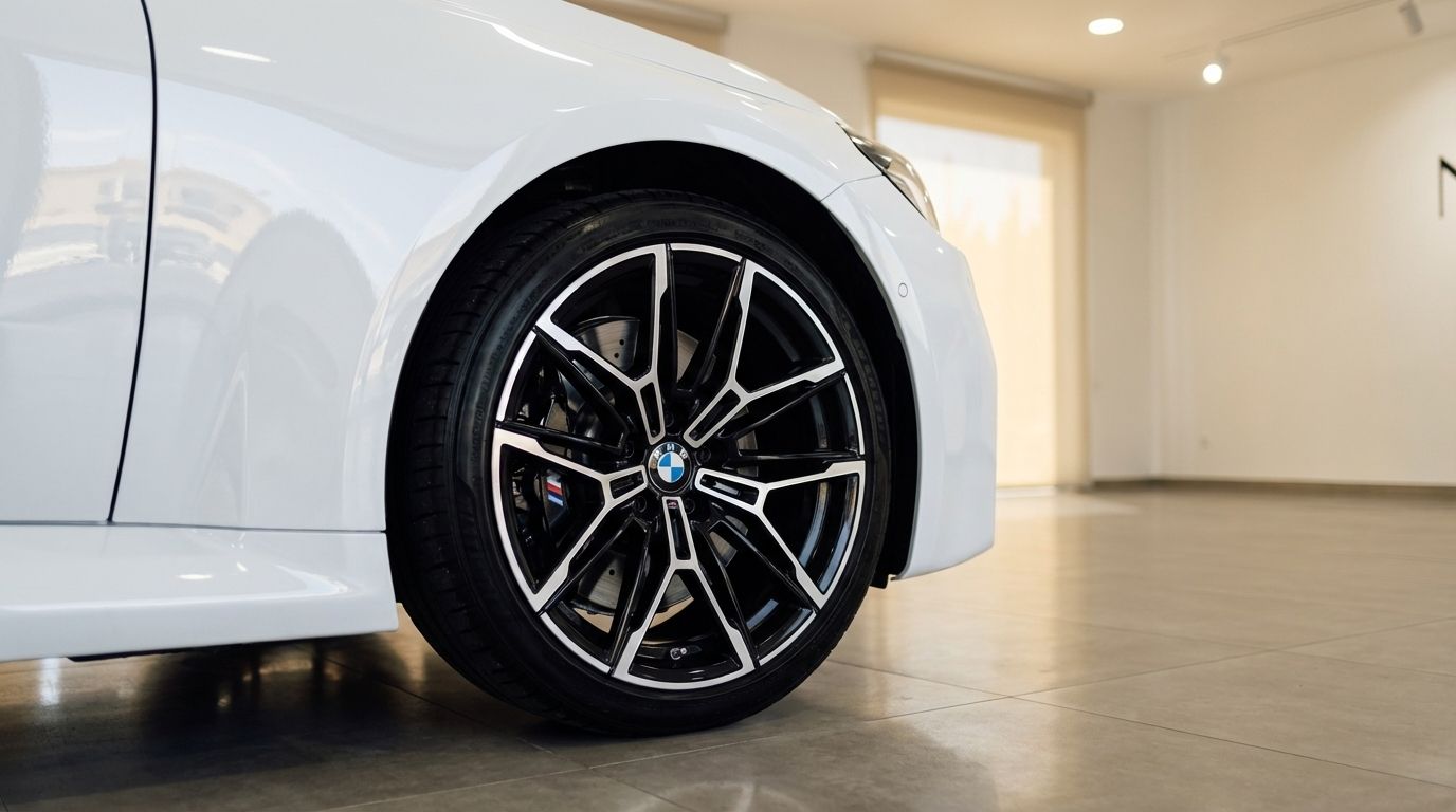 La rueda delantera del BMW M2 Competition blanco, con su distintiva llanta multirradio negra y plateada, se exhibe en Madrid.