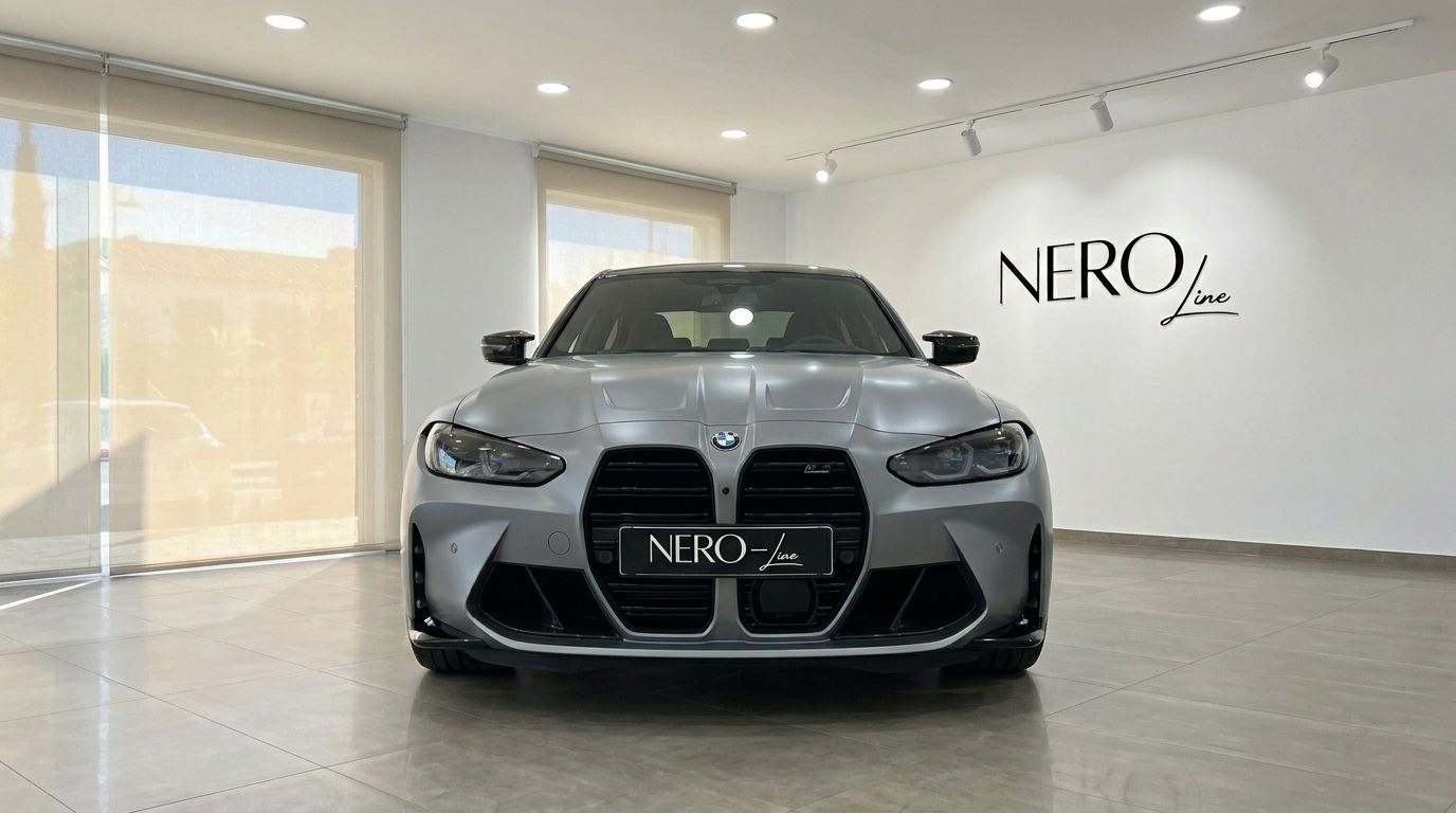 The 2023 BMW M3 Competition xDrive in Matte Frozen Pure Grey is seen from the front in a showroom in Marbella.