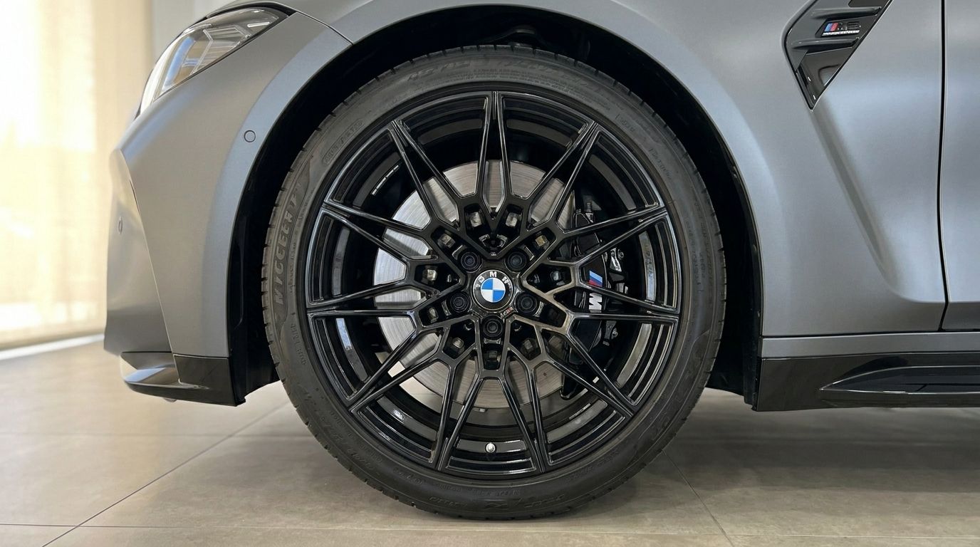 The BMW M3 Competition xDrive in Matte Frozen Pure Grey features a striking black multi-spoke front wheel and fender in Marbella.
