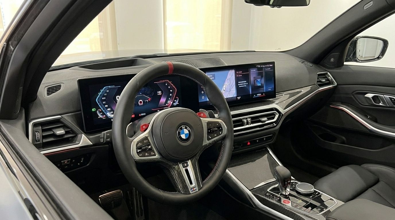 The luxurious interior cockpit of the 2023 BMW M3 Competition xDrive in Marbella, featuring a sporty steering wheel, digital screens, and carbon fiber trim.