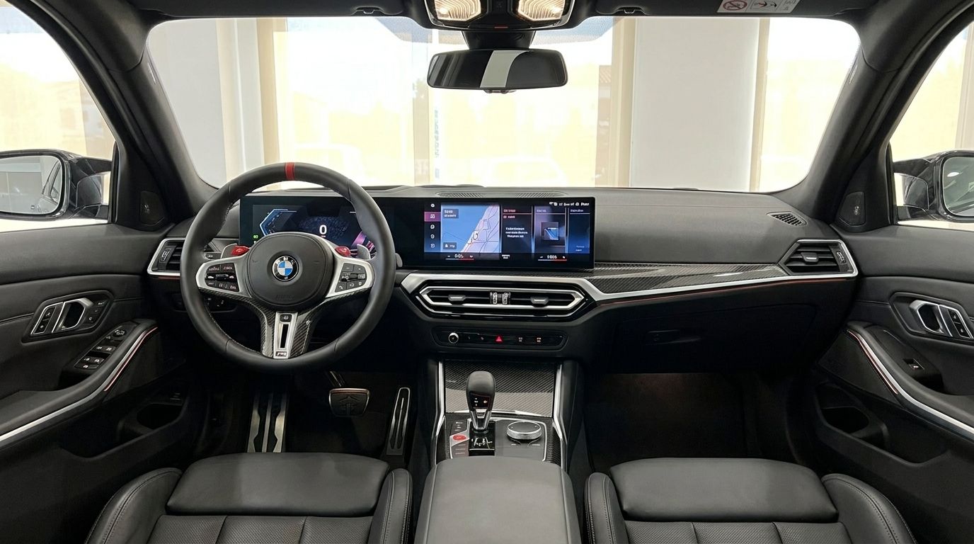 The interior cockpit of the BMW M3 Competition xDrive in Marbella, featuring the steering wheel, digital dashboard, and infotainment screen.