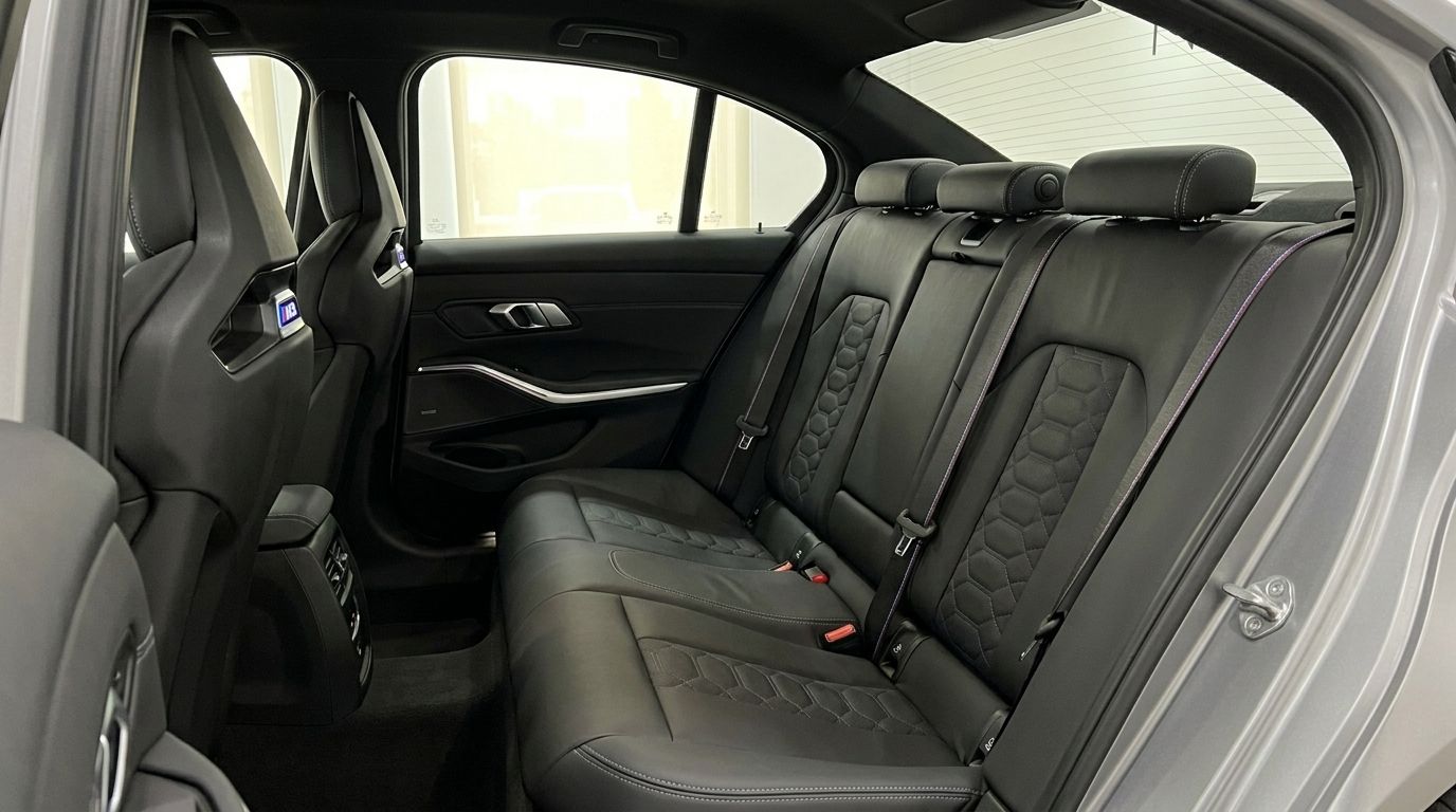 View of the BMW M3 Competition xDrive's luxurious black leather rear seats and sporty front seatbacks with M3 badging.