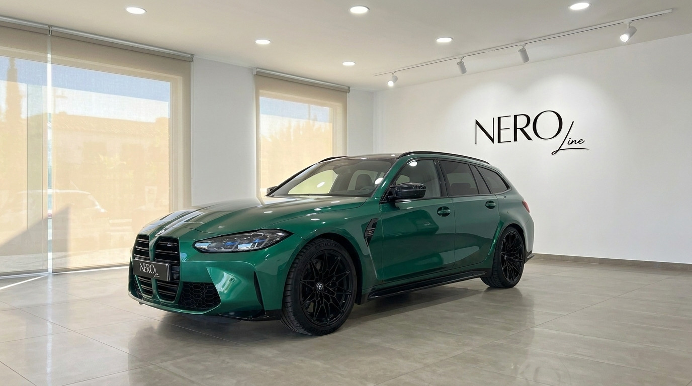 BMW M3 Touring Competition xDrive — Showroom The metallic Isle of Man Green BMW M3 Touring Competition xDrive is showcased from a front three-quarter angle in a Marbella showroom.