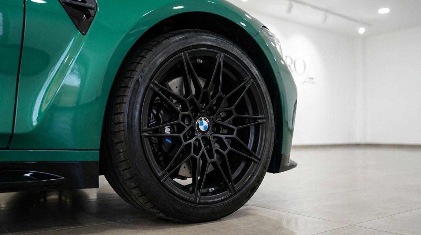 The metallic Isle of Man Green BMW M3 Touring Competition xDrive's front wheel and fender are prominently displayed in Marbella.