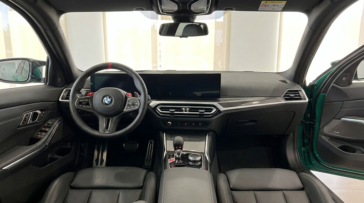 The luxurious interior of the BMW M3 Touring Competition xDrive in Marbella, showcasing the steering wheel, dashboard, and infotainment screen.