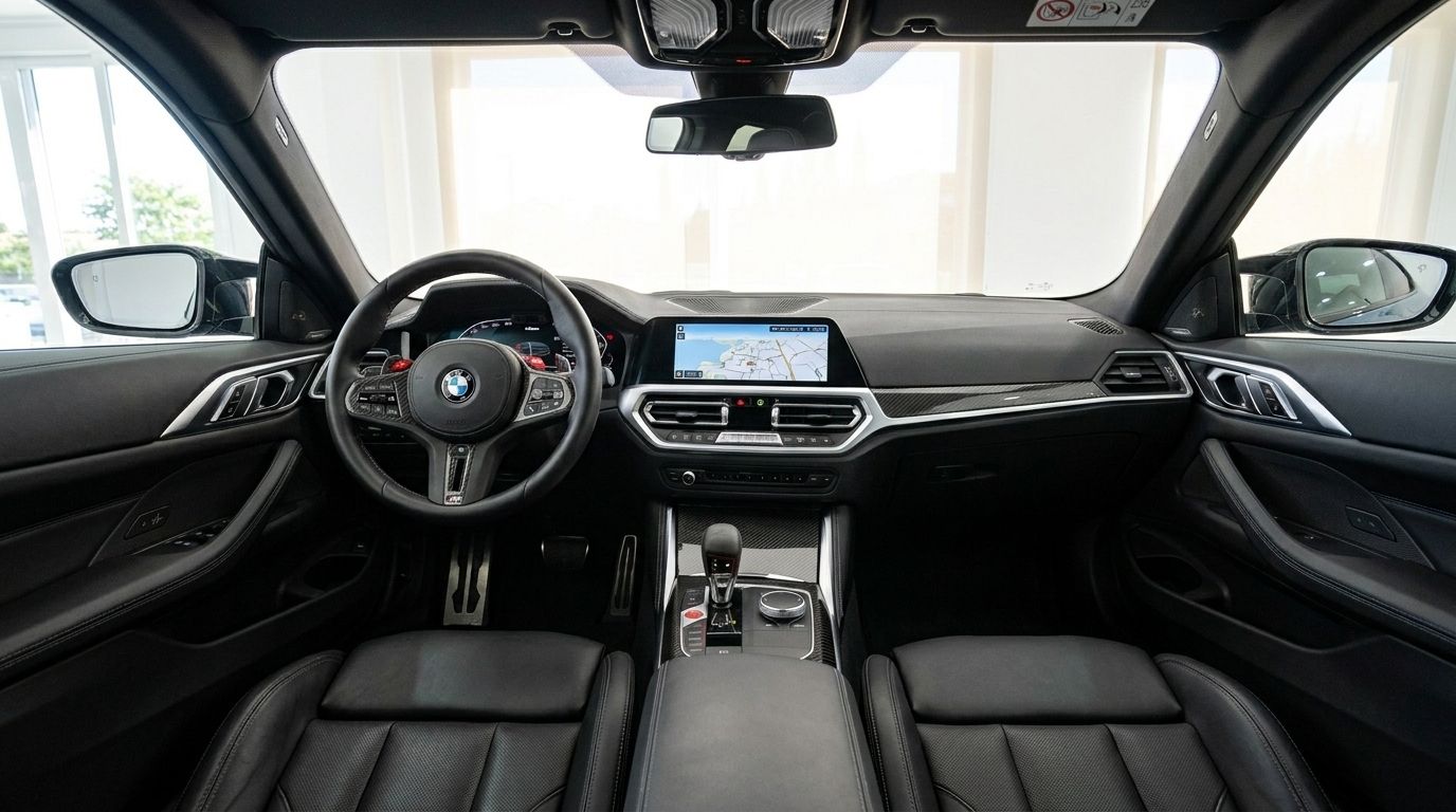 El lujoso habitáculo de cuero negro del BMW M4 Competition en Madrid, mostrando el volante, el salpicadero y la pantalla central.