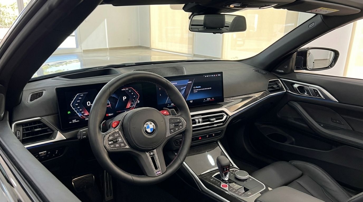 Vista del lujoso interior gris carbón del BMW M4 Competition Convertible 2025, con volante, salpicadero digital y pantalla de infoentretenimiento en Madrid.