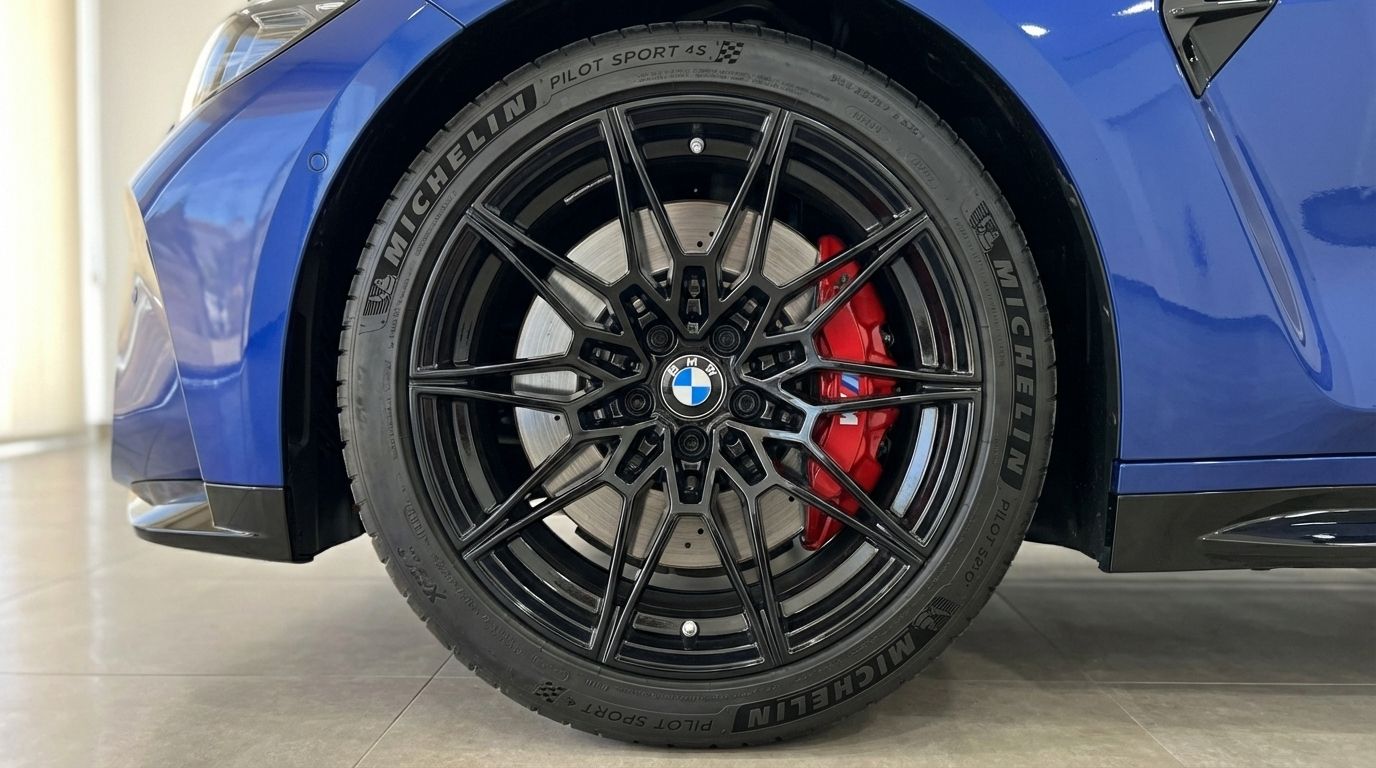 Close-up of the metallic blue BMW M4 Competition Convertible's front wheel with black spokes and red brake calipers in Barcelona.
