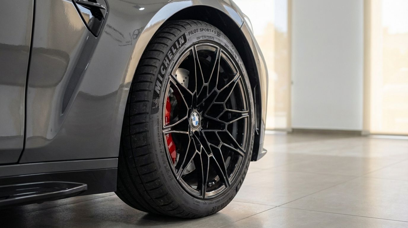 Primer plano de la rueda delantera del BMW M4 Competition Convertible gris carbón, mostrando su llanta negra multirradio, pinzas de freno rojas y neumático Michelin en Madrid.