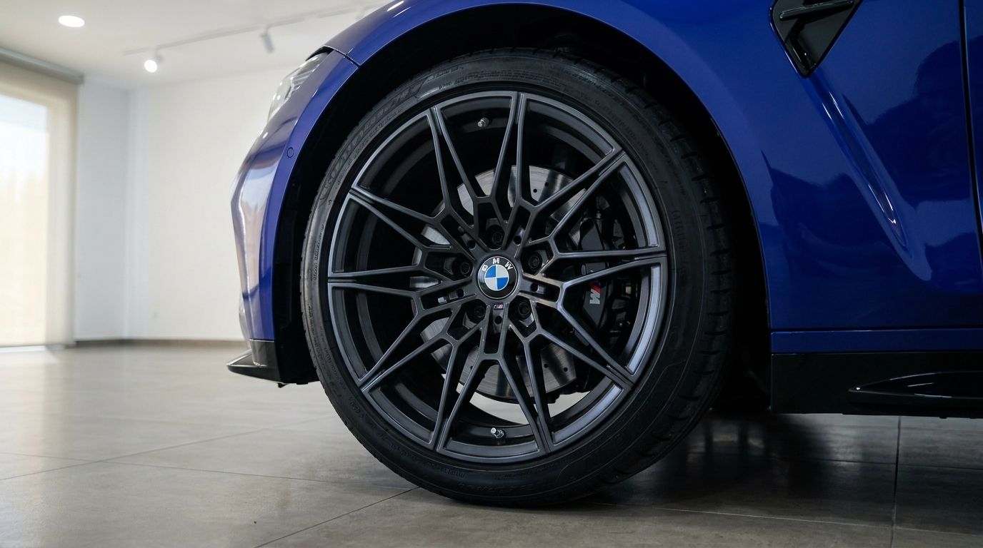 La rueda delantera y el guardabarros de un BMW M4 Competition azul metálico, mostrando su intrincado diseño de llanta en Madrid.