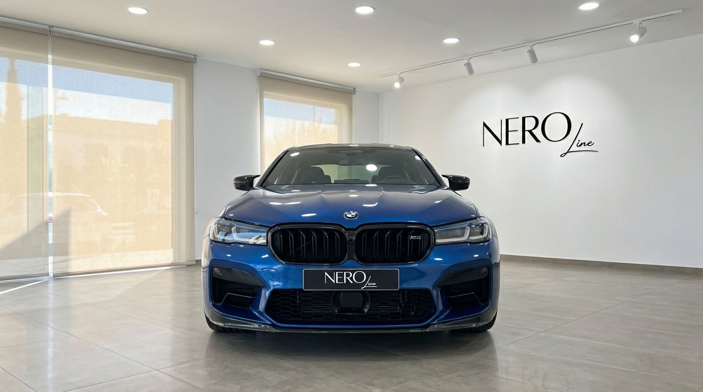 The metallic dark blue BMW M5 Competition Hybrid is shown from the front, parked in a modern showroom in Marbella.