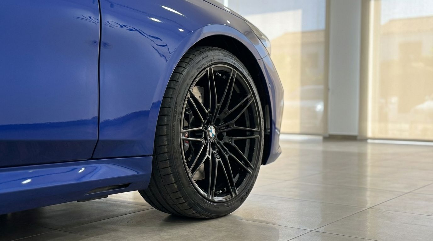 Close-up of the metallic dark blue BMW M5 Competition Hybrid's front wheel and fender in Marbella.