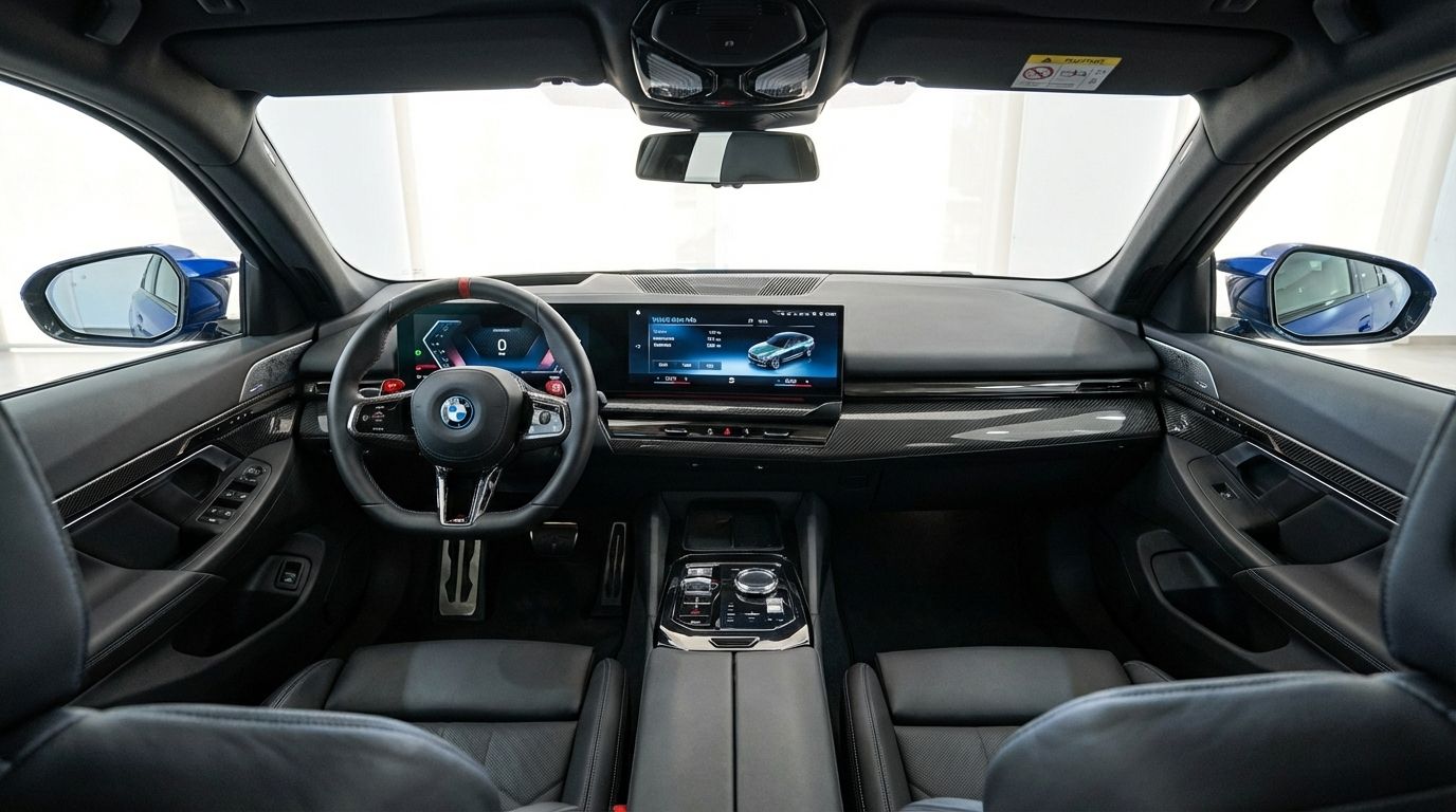 The luxurious interior cockpit of the 2025 BMW M5 Competition Hybrid in metallic dark blue, featuring the dashboard and steering wheel, available in Marbella.