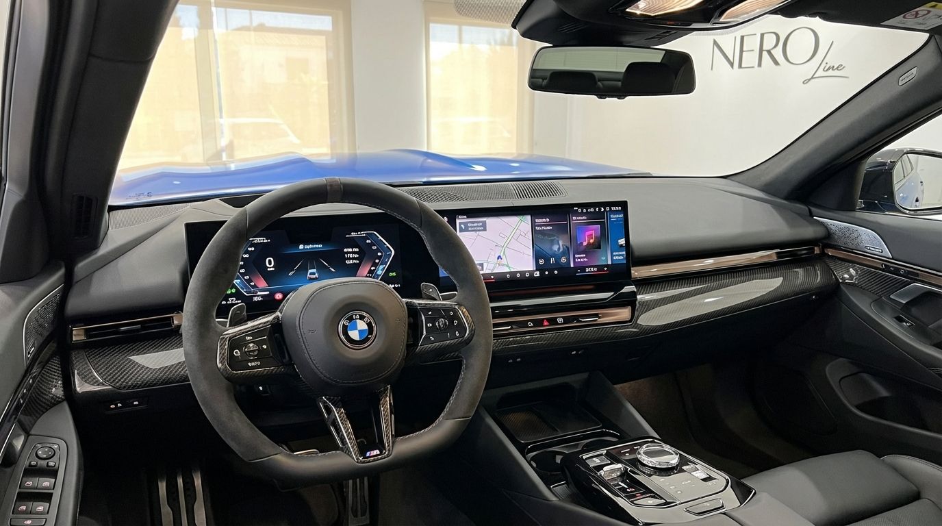 The luxurious interior cockpit of the 2025 BMW M5 Competition Hybrid in Marbella, showcasing the steering wheel and dual infotainment screens.