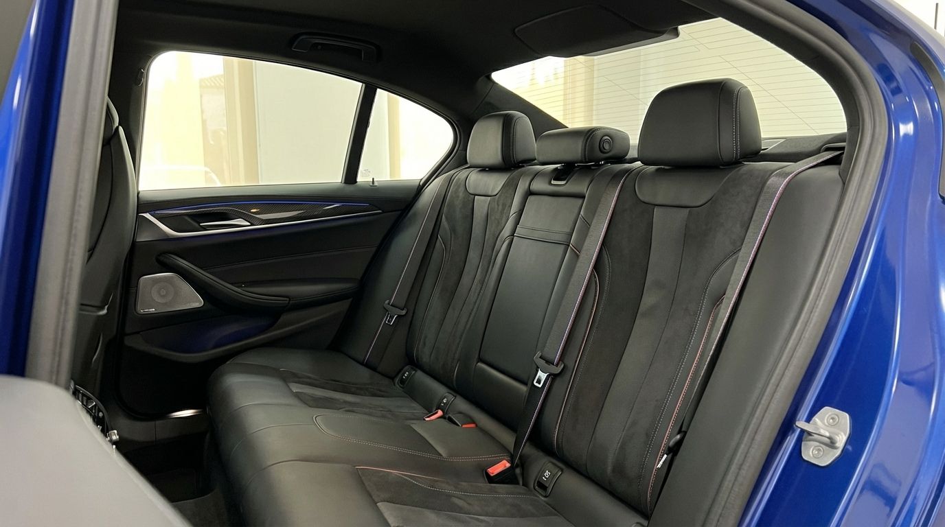 The luxurious black leather and Alcantara rear seats with M stitching and ambient lighting of the BMW M5 Competition in Marbella.