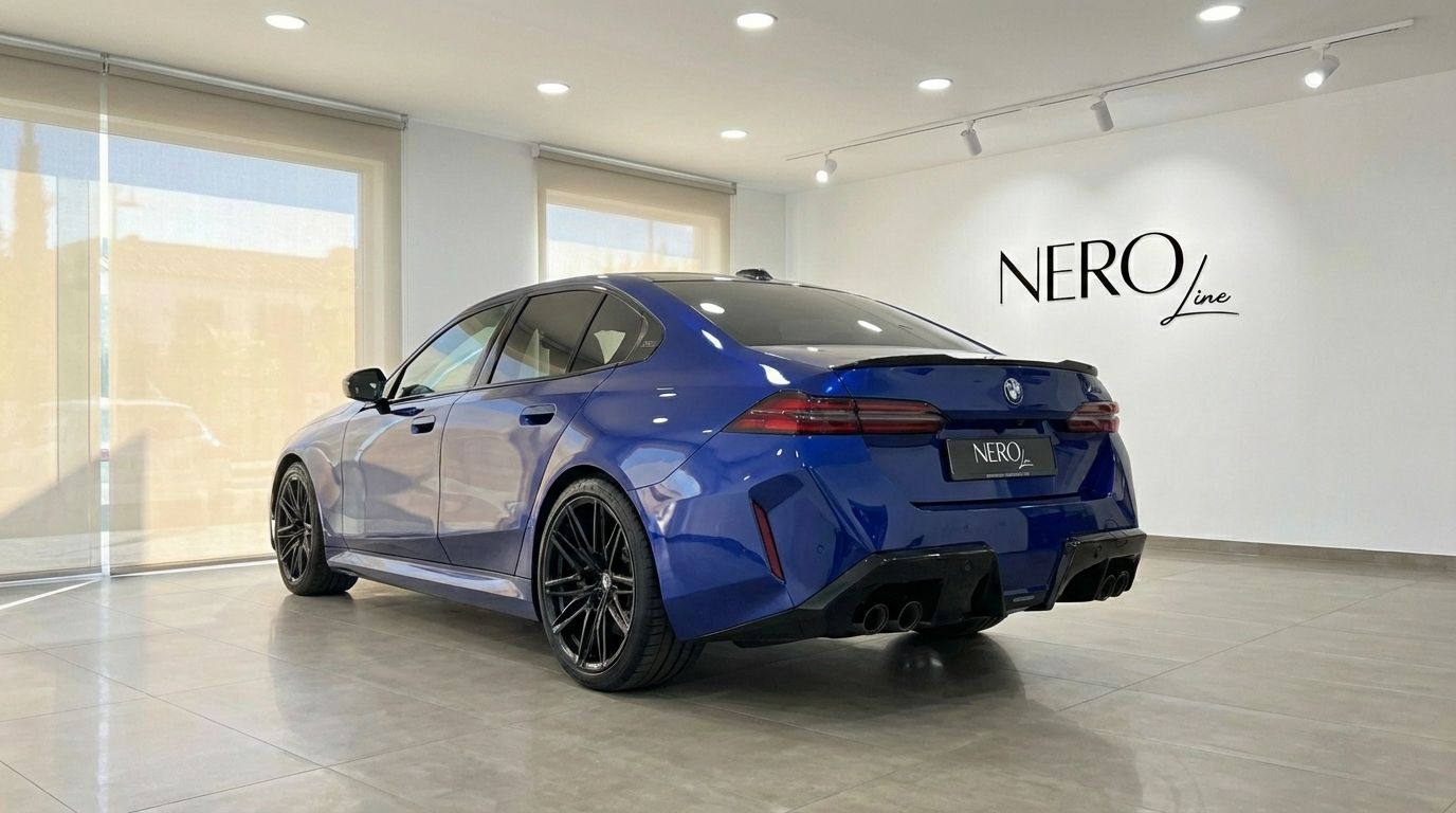 Metallic dark blue BMW M5 Competition Hybrid from a rear three-quarter view, parked in a showroom in Marbella.