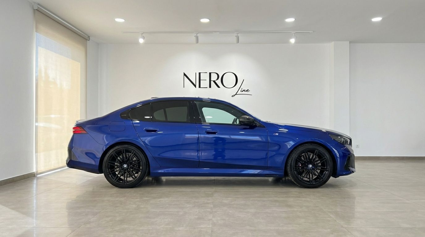 The metallic dark blue BMW M5 Competition Hybrid is showcased in a showroom, viewed from its sleek side profile in Marbella.
