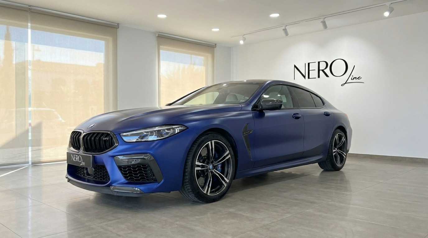 BMW M8 Competition Gran Coupe — Showroom Marbella The matte blue BMW M8 Competition Gran Coupe is showcased from a front three-quarter view inside a modern showroom in Marbella.