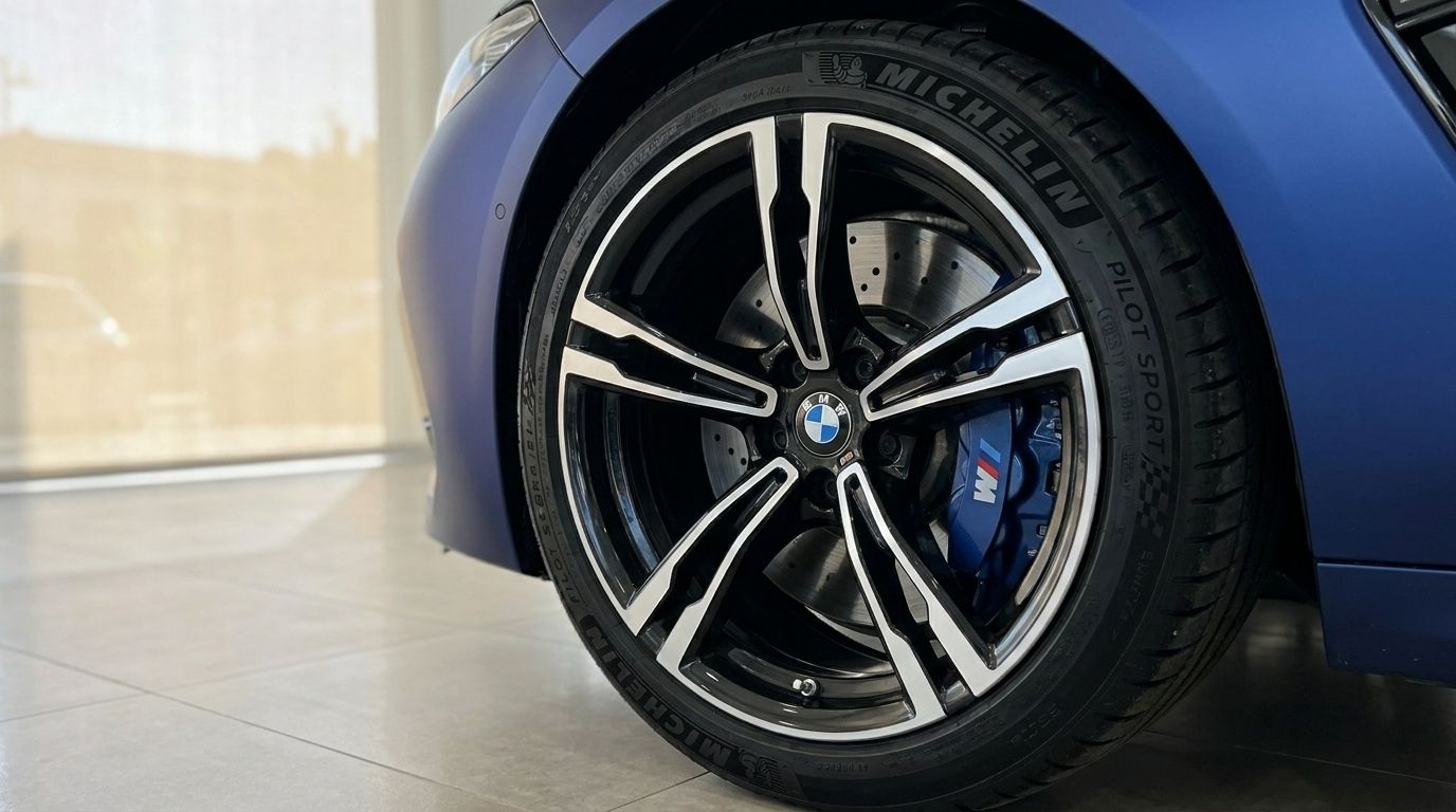 Close-up of the BMW M8 Competition Gran Coupe's front wheel, showcasing the black and silver rim, Michelin tire, and blue M brake caliper in Marbella.