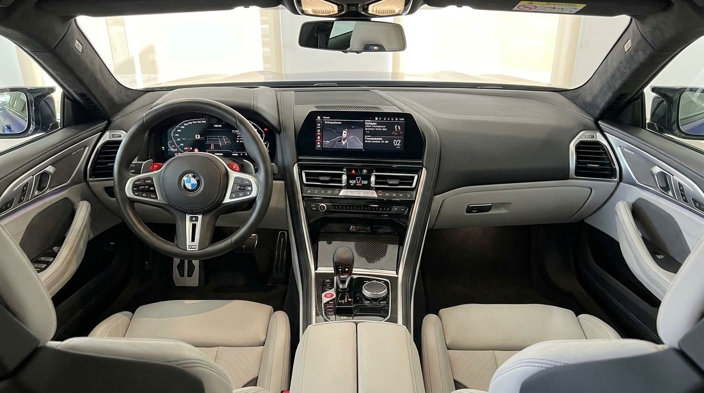 The luxurious interior and cockpit of the BMW M8 Competition Gran Coupe, featuring the dashboard, steering wheel, and light grey seats in Marbella.
