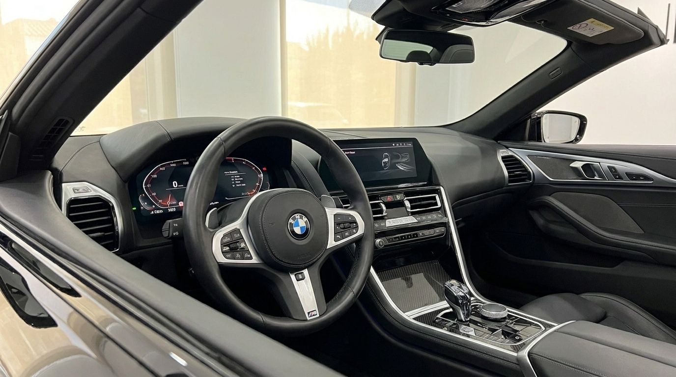 The luxurious interior of the 2021 BMW M850 in Alicante, featuring its advanced digital cockpit, steering wheel, and central console.