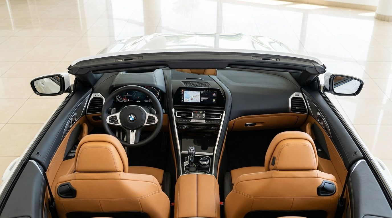 The luxurious interior of the BMW M850i Cabriolet in Alicante, featuring tan leather seats, a modern dashboard, and infotainment screen.