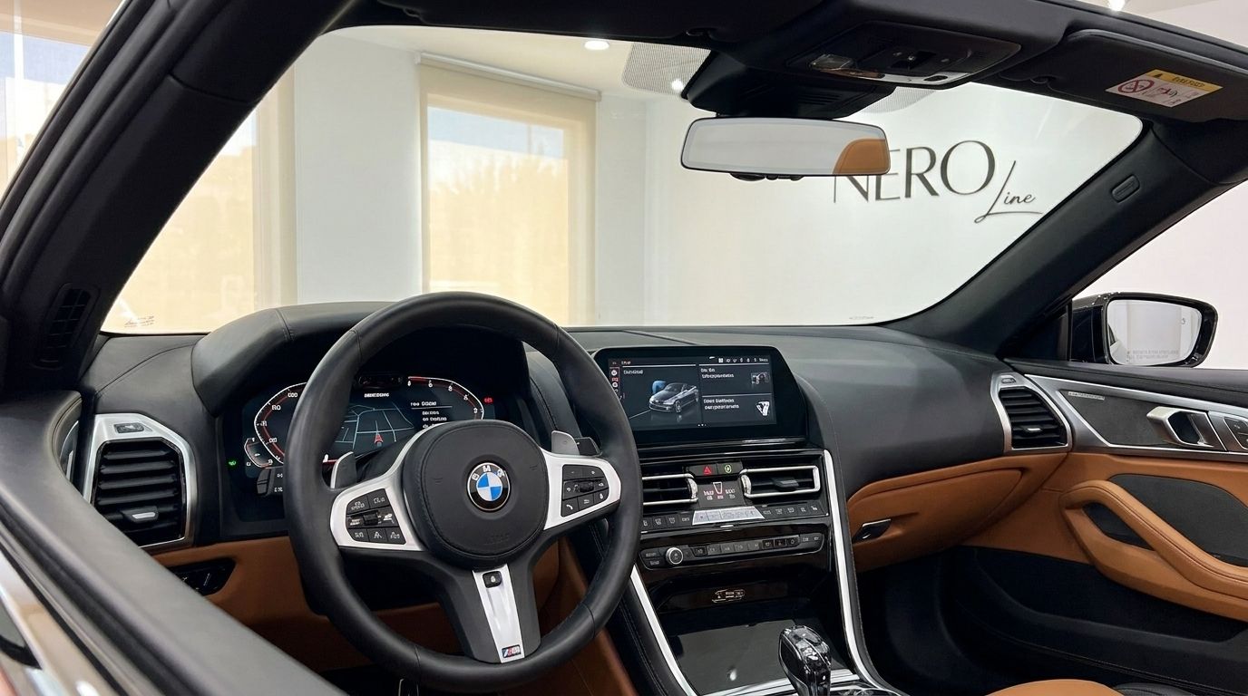 The luxurious interior of the BMW M850i Cabriolet 2024 in Alicante, showing the steering wheel, dashboard, and infotainment screen with tan leather accents.
