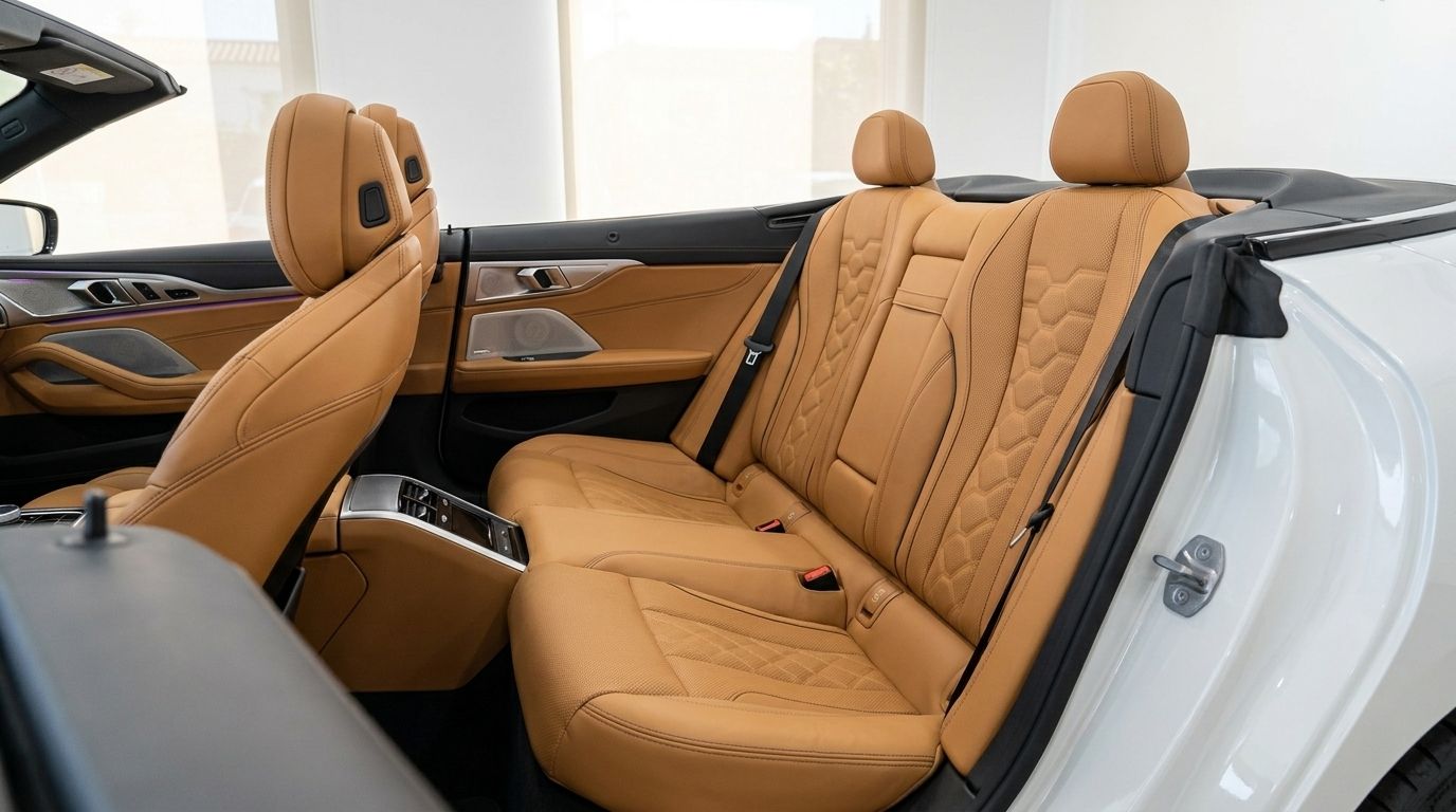 The tan leather rear seats and front passenger seat of the BMW M850i Cabriolet with the top down in Alicante.