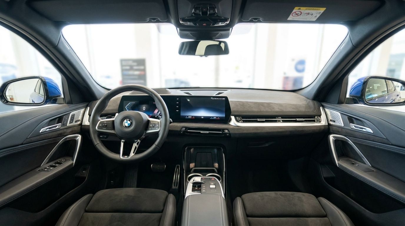The interior of the 2025 BMW X2 in Alicante, showcasing the modern cockpit with digital displays and luxurious black upholstery.
