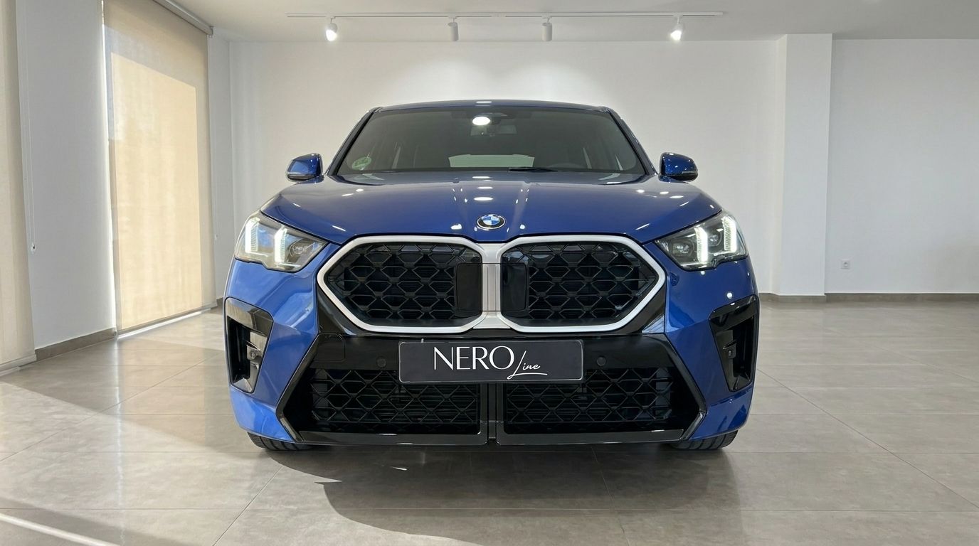 The front view of a blue 2025 BMW X2, showcasing its distinctive grille and headlights, parked in Alicante.