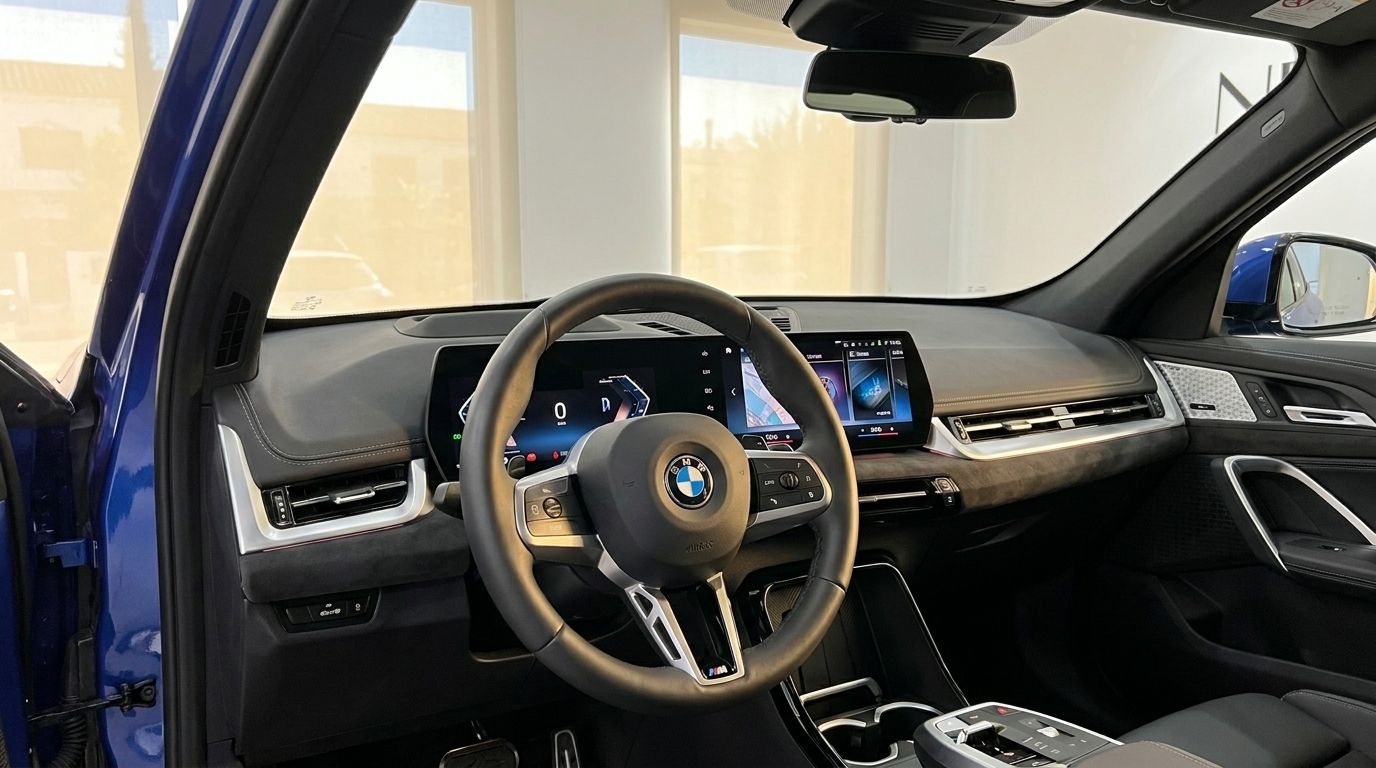 The luxurious interior of the 2025 BMW X2 in Alicante, featuring the steering wheel, digital dashboard, and infotainment screen.