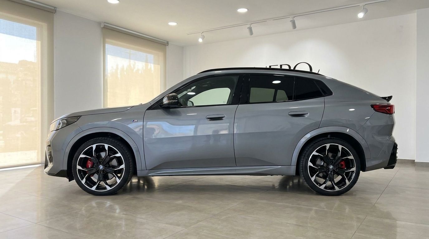 The 2024 BMW X2 M35i xDrive in gloss metallic grey, captured from its elegant side profile in a Marbella showroom.