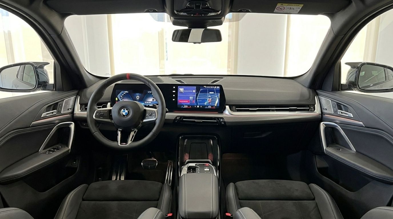 The image displays the luxurious interior cockpit of the 2024 BMW X2 M35i xDrive in Marbella, featuring the steering wheel, digital displays, and center console.