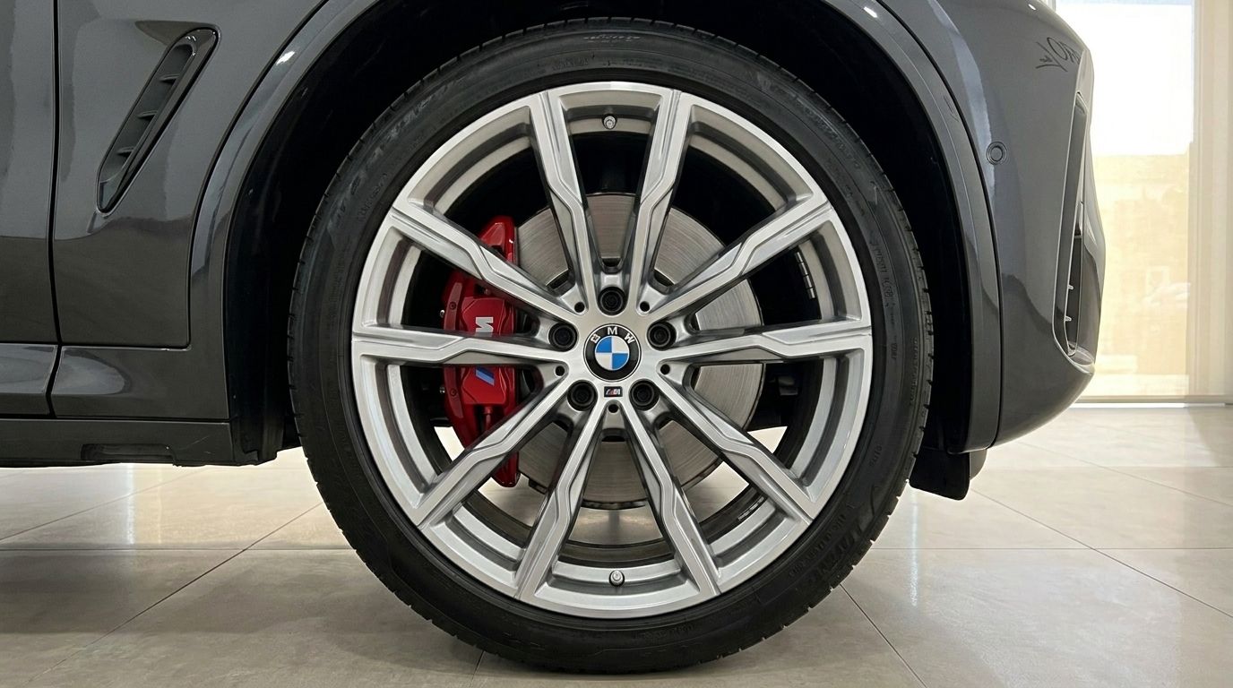 La ruota anteriore di una BMW X3 M50D Grigio Scuro Lucido Metallizzato, con cerchi a razze multiple argentati e una pinza freno rossa prominente, ad Alicante, Spagna.