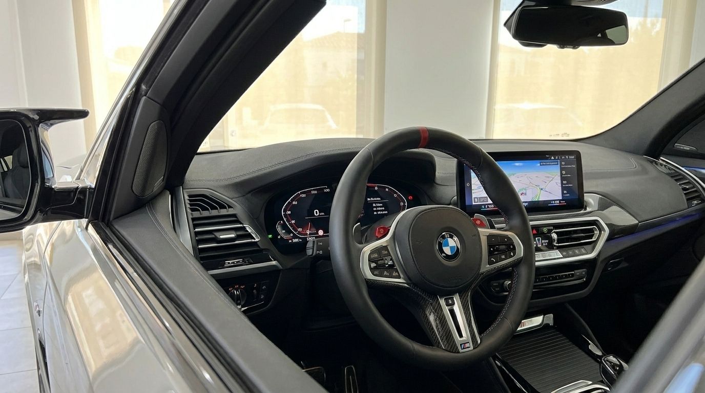 Interior view of the 2025 BMW X3 M50i xDrive in Marbella, highlighting the steering wheel, dashboard, and infotainment screen.