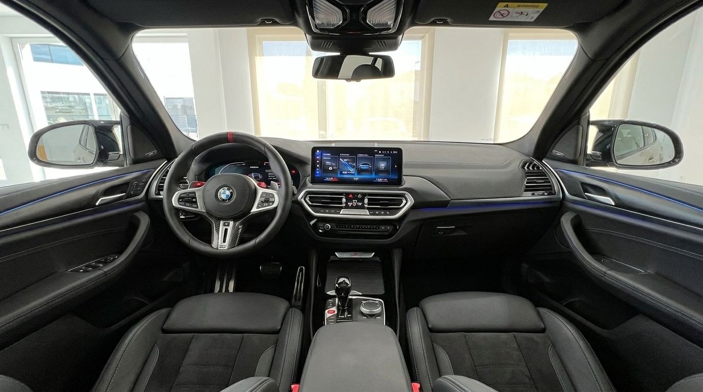 The luxurious interior cockpit of the 2025 BMW X3 M50i xDrive in Marbella, featuring the steering wheel, dashboard, and central display.