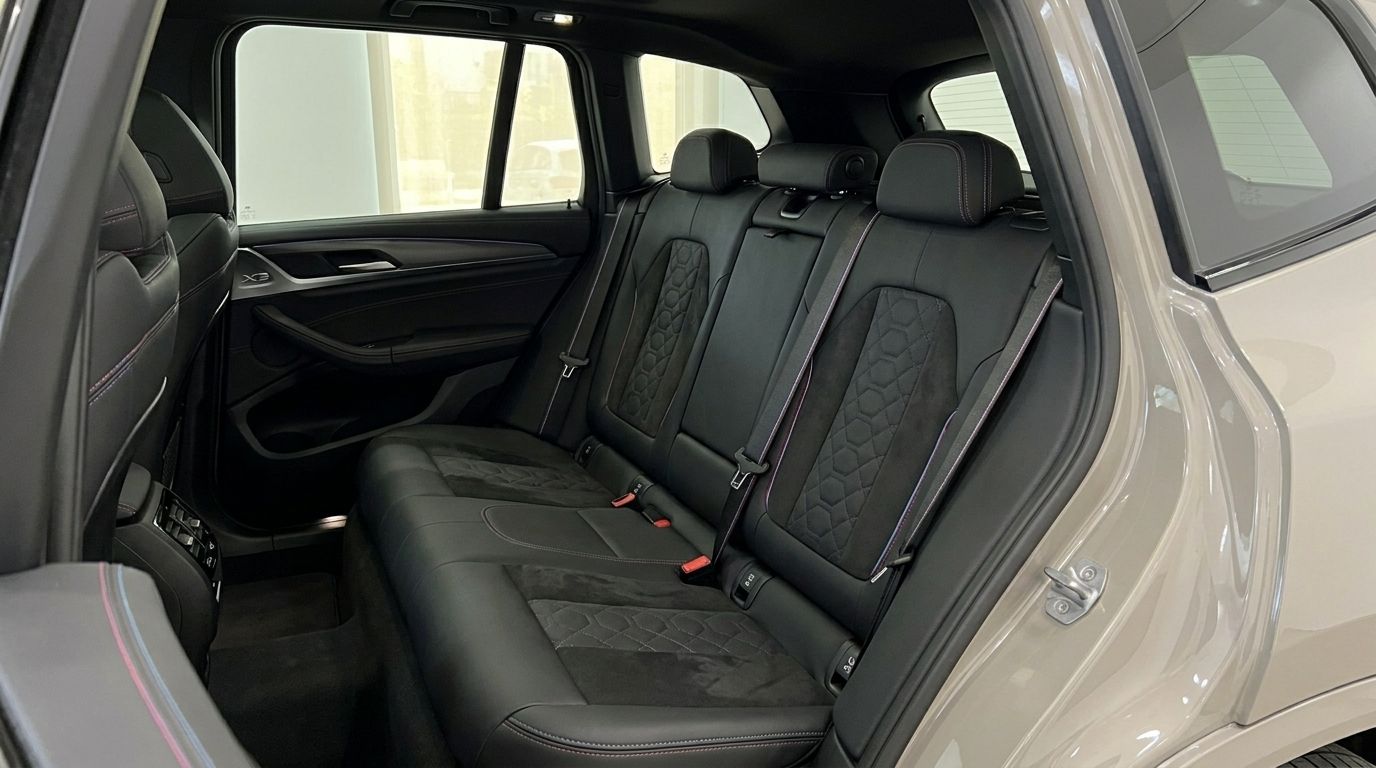 The luxurious black leather and Alcantara rear seats with distinctive stitching in the 2025 BMW X3 M50i xDrive in Marbella.